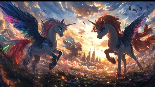 Winged unicorns over illuminated valley and distant city.