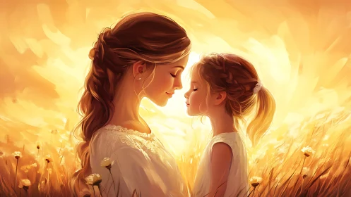 Ethereal maternal figures amid luminescent field landscape.