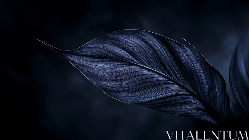 Dark metallic leaf macro on deep blue abstract background.