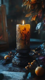 Decorated pillar candle burns on carved metal stand indoors