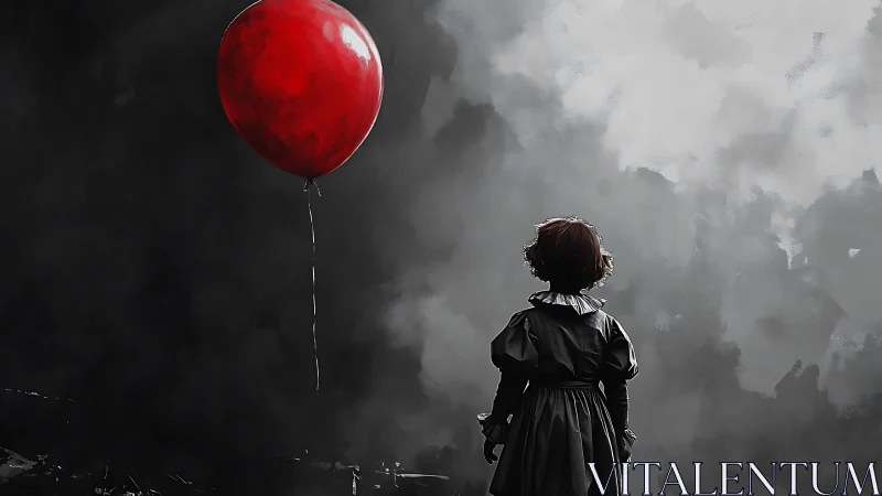 Solitary red balloon keeps a quiet vigil over the child