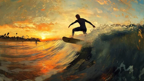Surfer rides glowing sunset wave near crowded shoreline