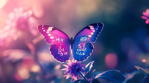 Luminescent glyph butterfly over dreamy floral bokeh.