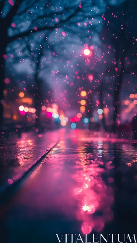 Neon city rainfall reflects bokeh streetlights in shallow focus