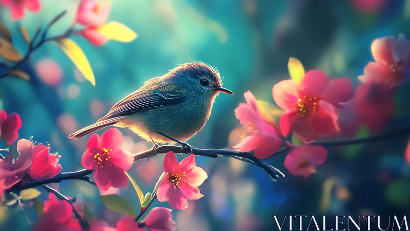 Small songbird on a cherry blossom branch in dreamy, soft focus style.