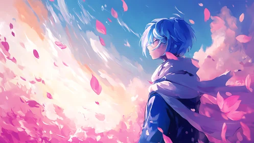 Blue-haired dreamer in a storm of pink twilight petals.