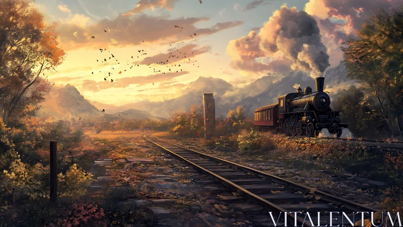 Steam train under autumn sunset across mountain valley.