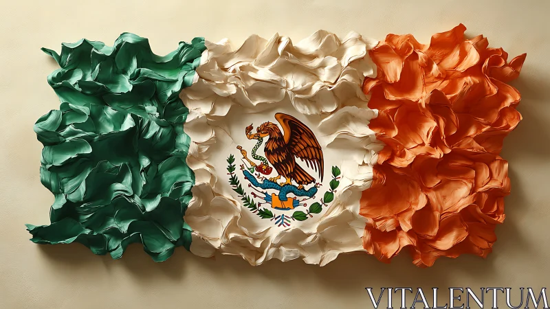Textured tricolor flag depicts Mexican emblem with sculpted folds