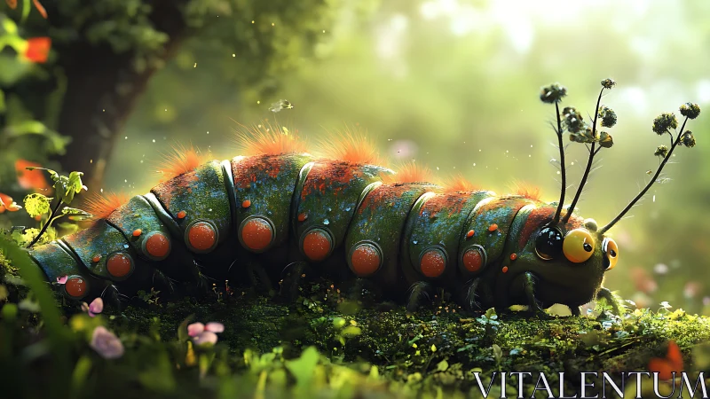 Whimsical bioluminescent caterpillar amid glowing forest moss.
