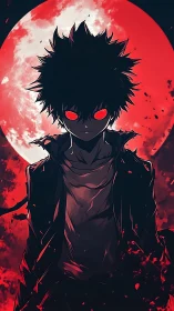 Anime silhouette under blood moon with high-contrast backlight.