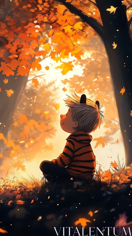 Child in striped hoodie watches glowing autumn leaves fall