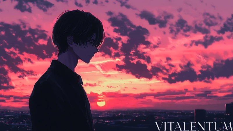 Silhouetted boy stands against dense red and purple sunset sky