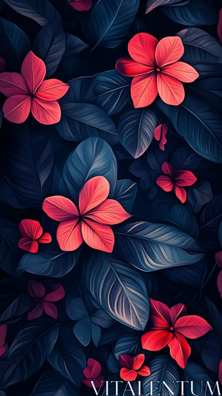 Crimson Blooms Dance Through Midnight Foliage.