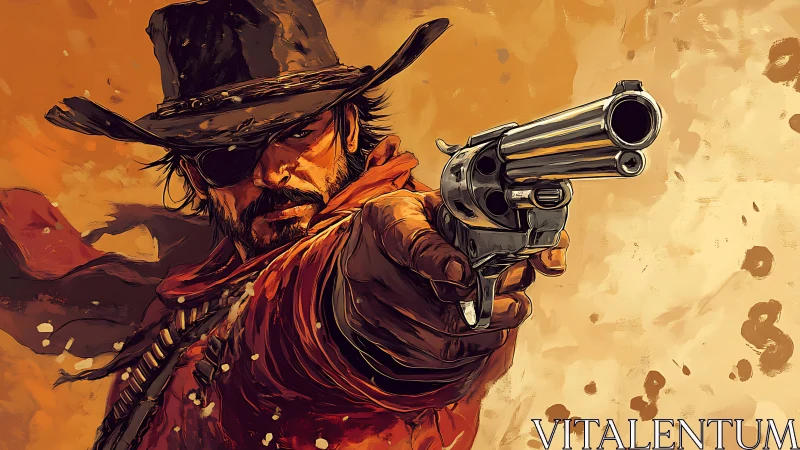Gritty one eyed cowboy aiming revolver in desert standoff