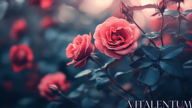 Coral roses with foliage in shallow depth of field composition.