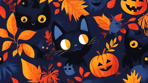 Whimsical Black Cats Dance Among Autumn's Golden Jack-O'-Lantern Dreams.