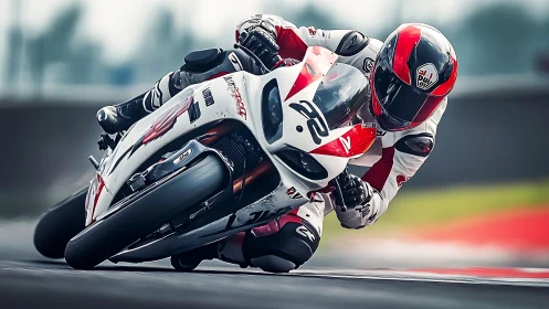 Superbike racer carves apex with aggressive lean angle.