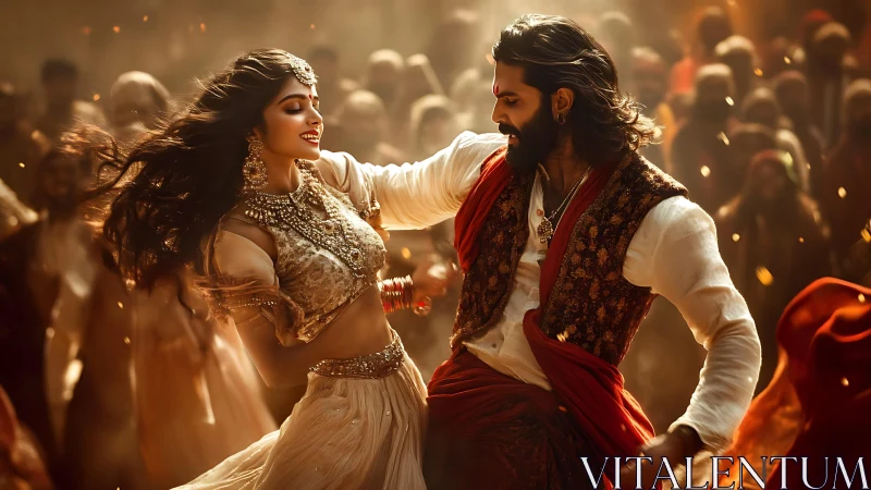 Dynamic Indian dance duet under warm cinematic backlighting glow