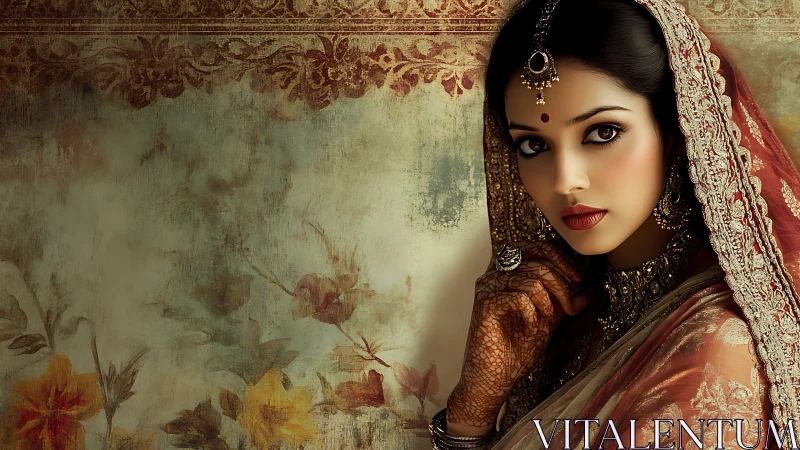 Elegant Indian Bride in Traditional Attire, Vintage Artistic Style.