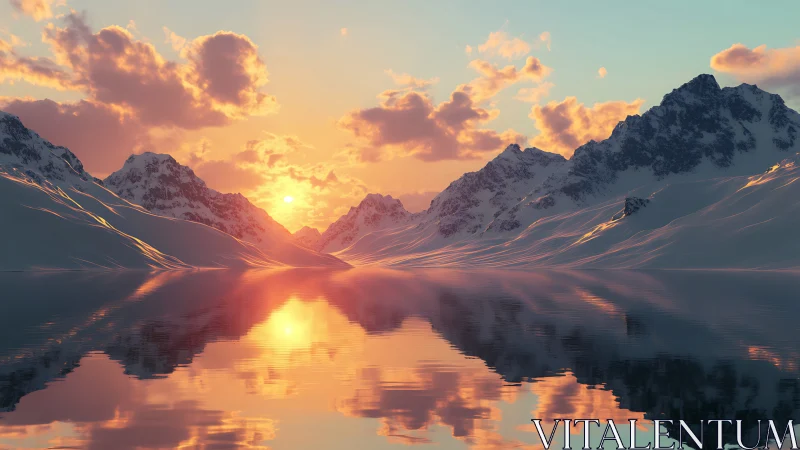 Sunlit alpine peaks mirrored on tranquil glacial lake.