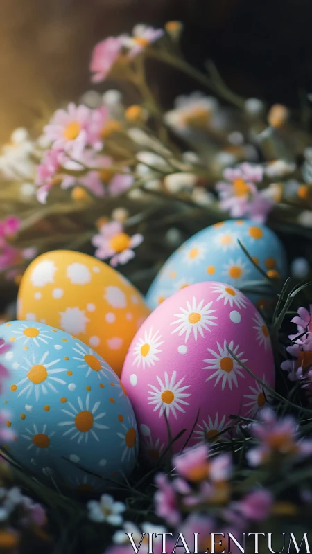 Decorated eggs rest among flowers in shallow depth of field