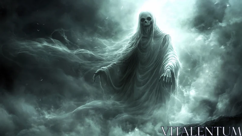 Spectral wraith emerging from swirling storm clouds.