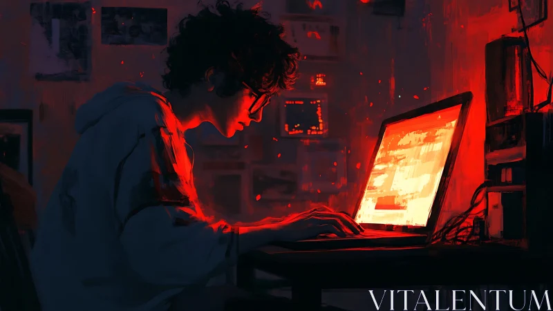 Solitary coder framed by red laptop glow at night.