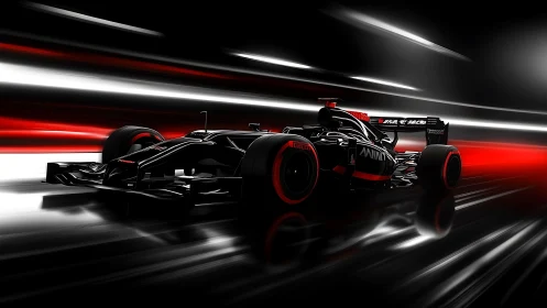 Sleek black Formula racer slicing through neon speed trails.