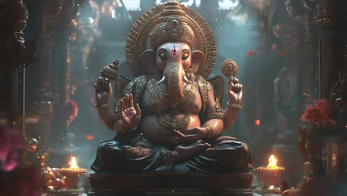Elephant-headed deity statue seated in ornate temple hall.