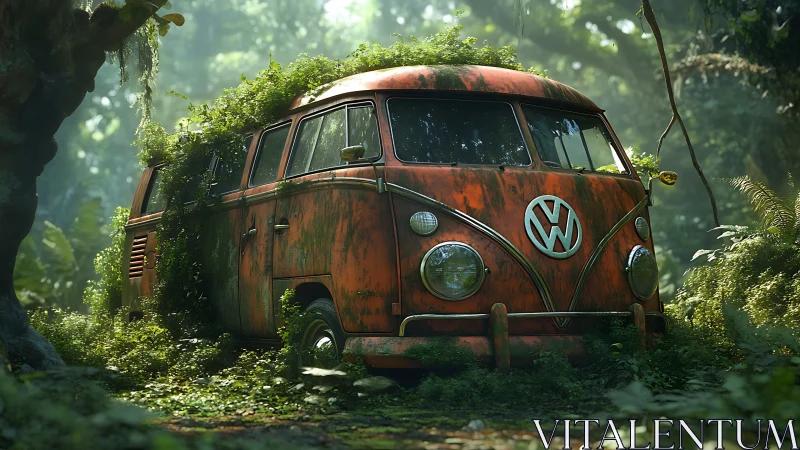 Abandoned rusted VW microbus overtaken by dense jungle foliage