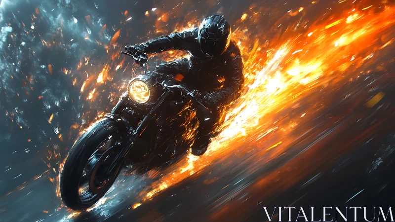Motorcyclist racing through fire with dynamic motion blur.