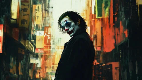 Masked figure in dark coat within abstract cityscape.