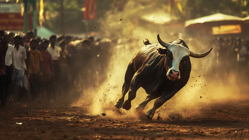 Powerful bull charges forward as excited crowd looks on