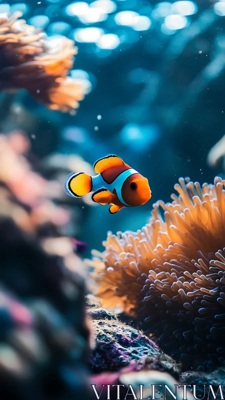 Clownfish swims near anemone in shallow coral reef scene