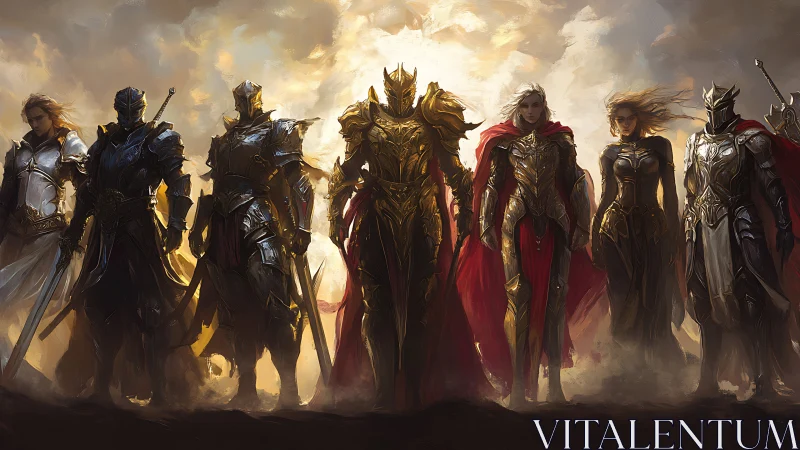 Golden armored paladin vanguard under stormlit celestial sky