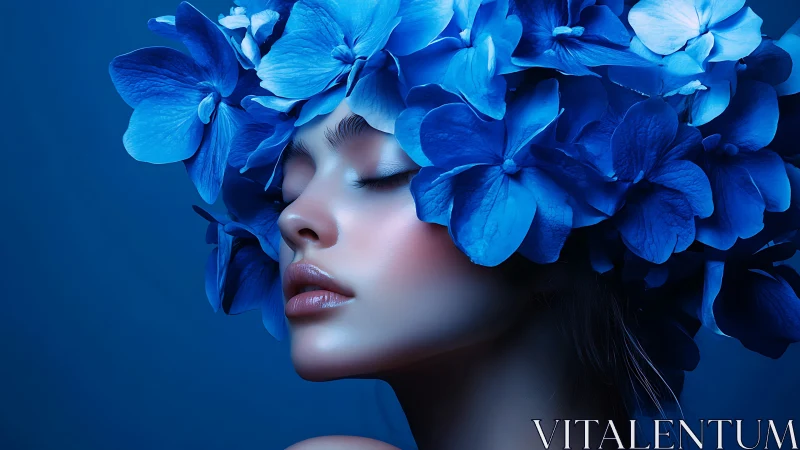 Profile portrait of woman with blue hydrangea headpiece.