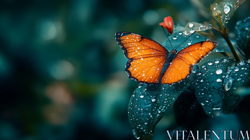 Rain-kissed orange butterfly glows on deep teal foliage.