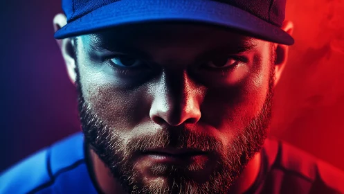 Intense bearded athlete stares through bold dual lighting.