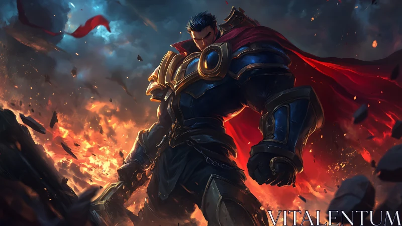 Armored warrior strides through firelit battlefield storm.