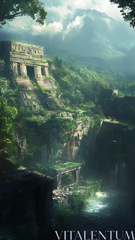Overgrown stone temple complex rises above jungle gorge