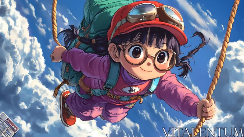 Anime girl soaring through clouds with ropes and backpack.