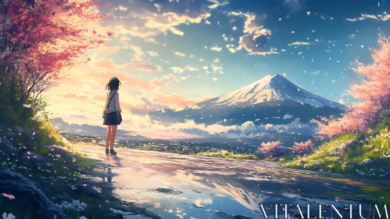 Springtime mountain vista with reflective path and schoolgirl.