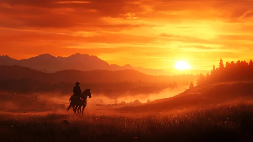 Sunlit rider crosses a glowing valley in quiet western calm