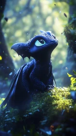 Small black dragon on moss-covered log in diffuse forest light.