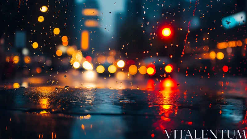 Urban rain-soaked window with shallow depth and dense bokeh field