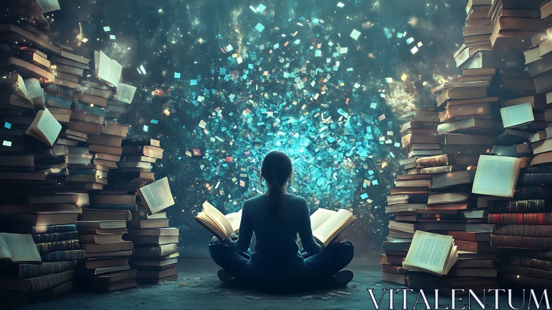 Quiet reader in a swirling galaxy of glowing stories.