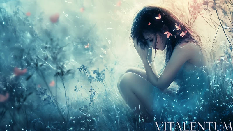 Melancholic girl in glowing meadow with pastel butterflies.