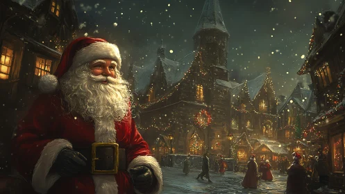 Santa in luminously detailed Victorian Christmas plaza.