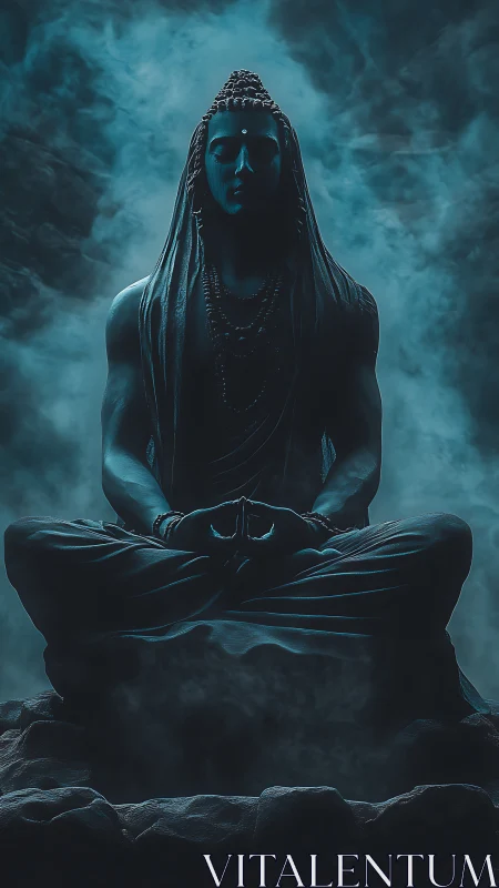 Meditating deity statue in smoky teal rim light stillness.