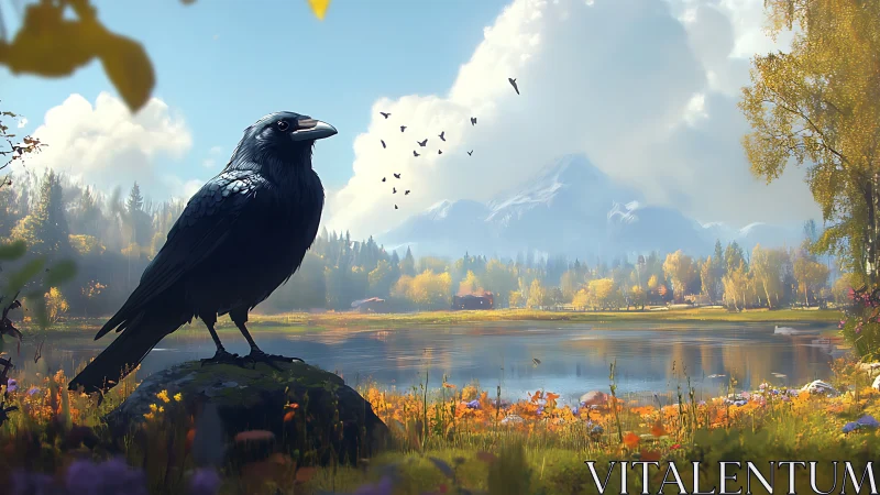Black crow surveys alpine lake in luminous autumn atmosphere